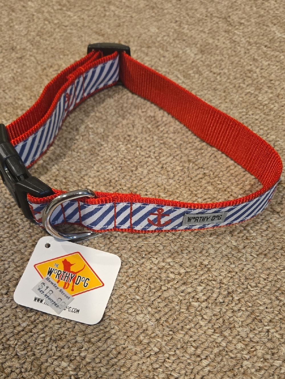 New! Worthy Dog Red & Navy Nautical Anchor Dog Collar Size LARGE